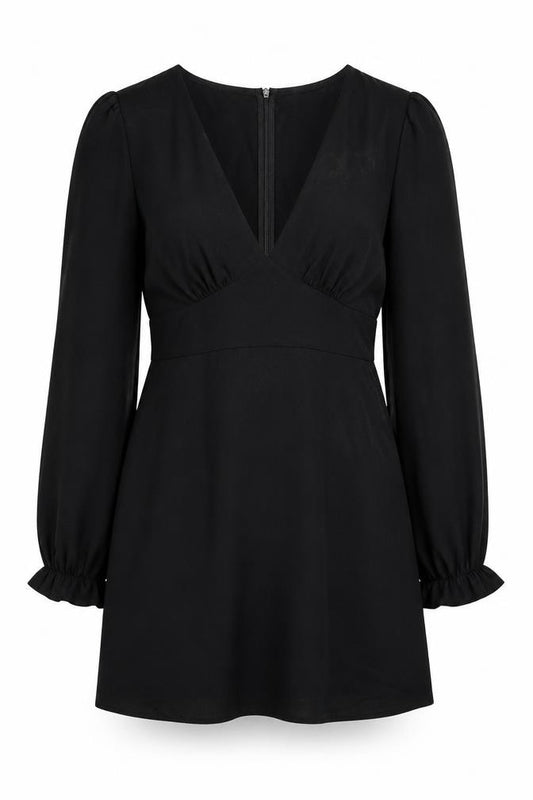 Front view of SHEIN women’s black polyester a-line, size L, v-neck zip