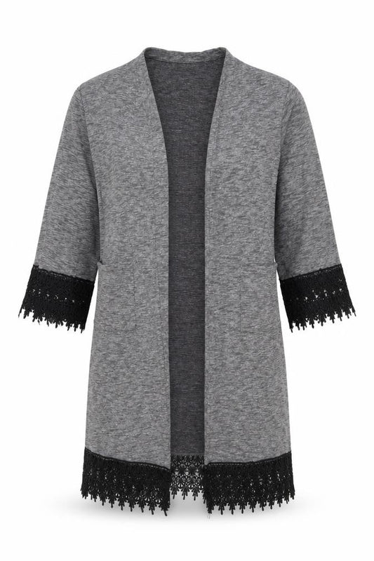Front view of hearts and bows women’s grey v-neck polyester cardigan jumper, size UK 10, - lace trim