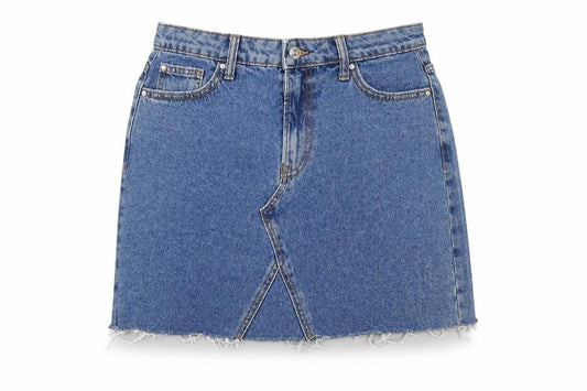 Front view of Denim & Co. women’s blue cotton a-line skirt, size UK 12, zip - distressed hem