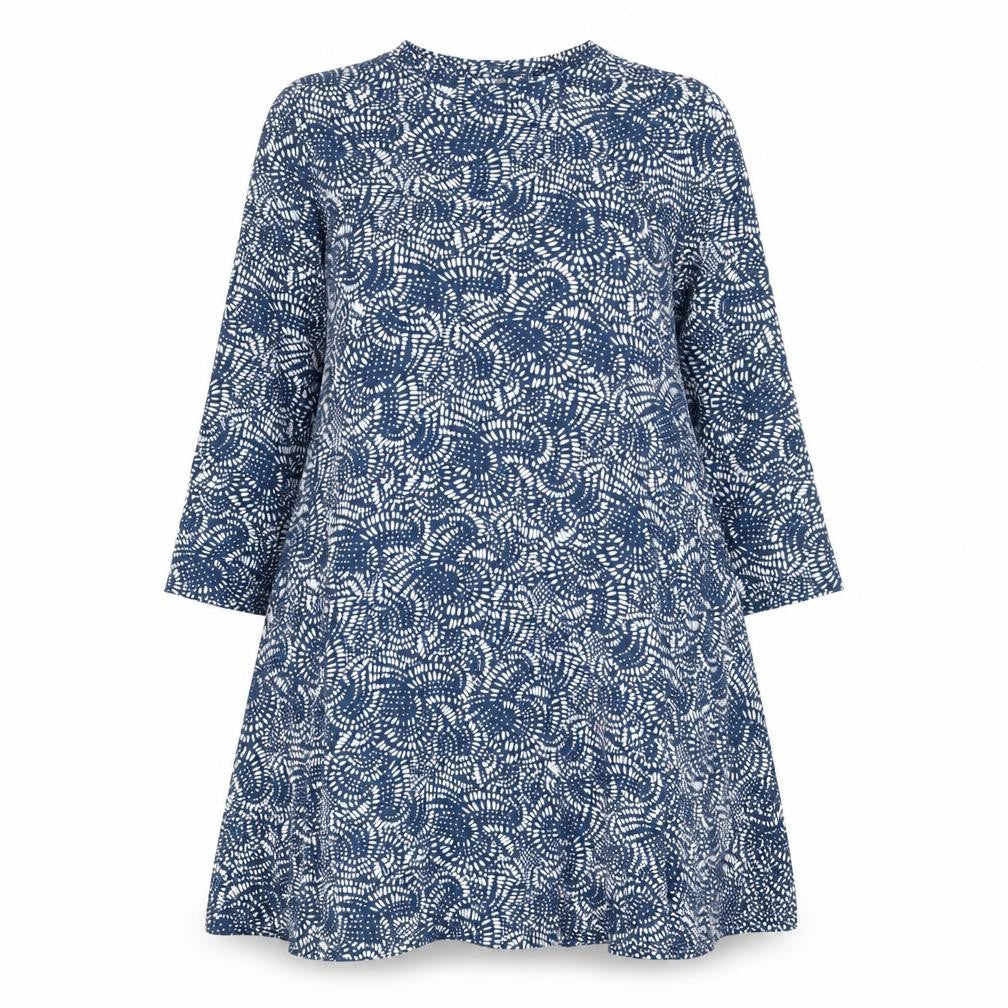 Front view of Principles women’s blue geometric viscose a-line, size UK 10, mock neck pullover