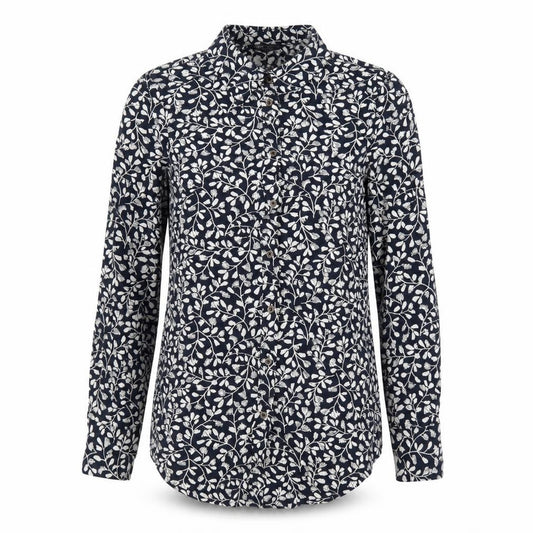 Front view of Marks & Spencer women’s blue floral viscose basic button-up, size UK 6, collared