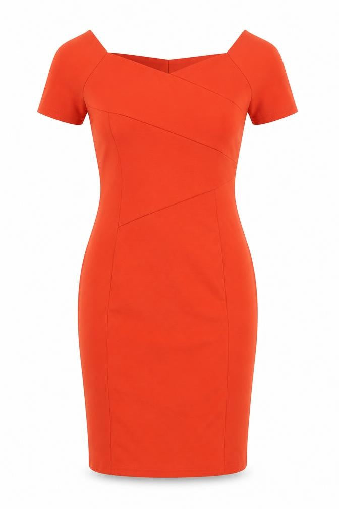 Front view of Izabel women’s orange polyester pencil dress, size UK 8, boat neck pullover