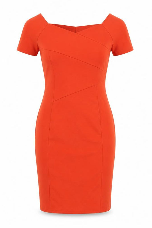 Front view of Izabel women’s orange polyester pencil dress, size UK 8, boat neck pullover