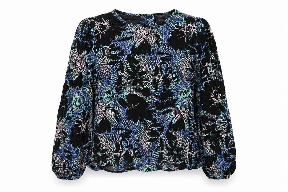 Front view of Marks & Spencer women’s multicoloured geometric viscose basic blouse, size UK 6, round neck