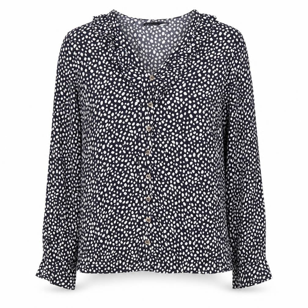 Front view of Marks an dSpencer women’s blue geometric viscose basic blouse, size UK 10, v-neck