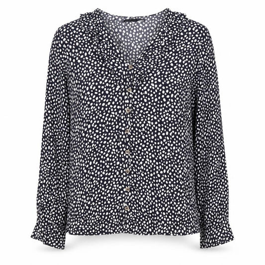 Front view of Marks an dSpencer women’s blue geometric viscose basic blouse, size UK 10, v-neck