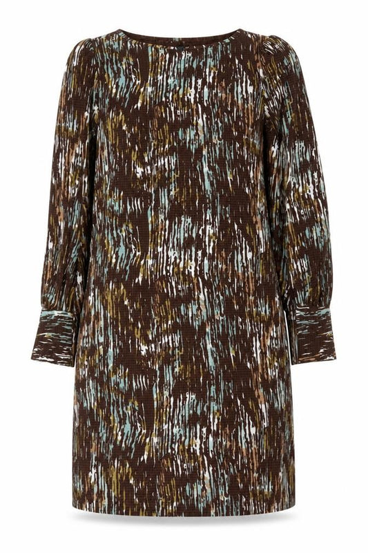 Front view of Next women’s brown geometric polyester shift, size UK 12, boat neck pullover