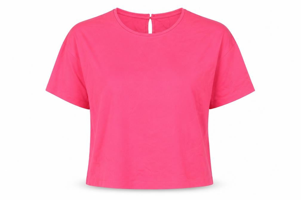 Front view of Marks & Spencer women’s pink polyester basic t-shirt, size UK 8, round neck