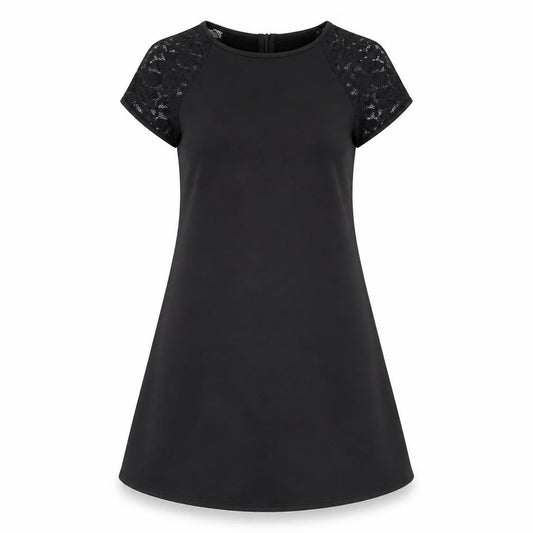 Front view of Missguided women’s black polyester a-line, size UK 10, round neck zip - lace sleeve detail
