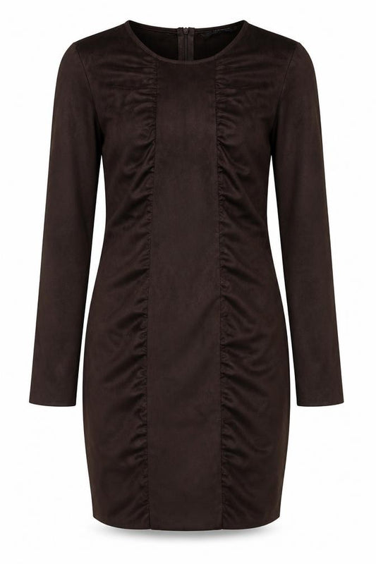Front view of Zara women’s brown polyester bodycon, size XS, round neck zip - ruched