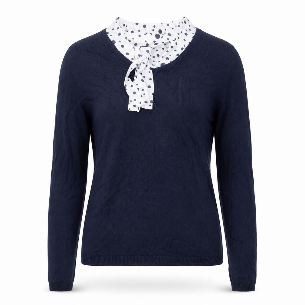 Front view of Marks & Spencer women’s blue crew neck polka dot polyester jumper, size UK 10, - tie