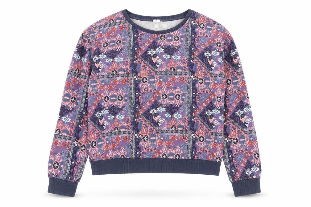 Front view of H&M women’s multicoloured geometric cotton pullover hoodie, size M, pullover
