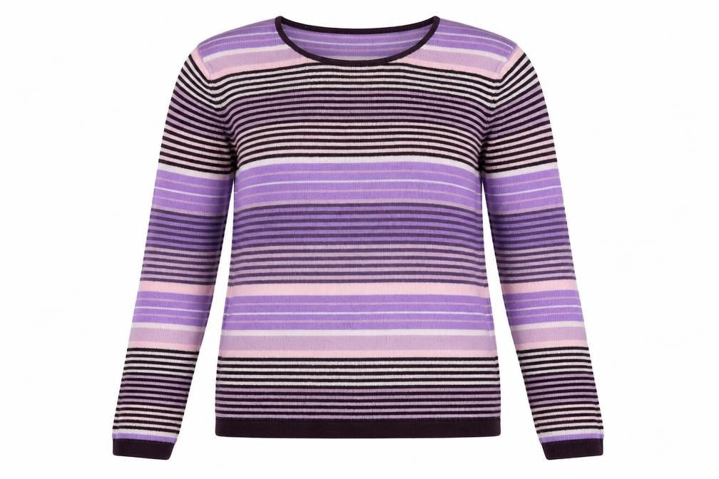 Front view of Country Casuals women’s multicoloured round neck striped acrylic jumper, size L