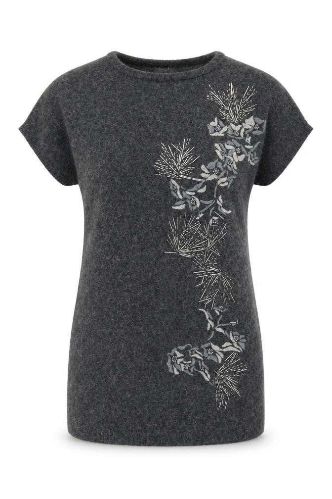Front view of Monsoon women’s grey round neck wool tunic jumper, size S