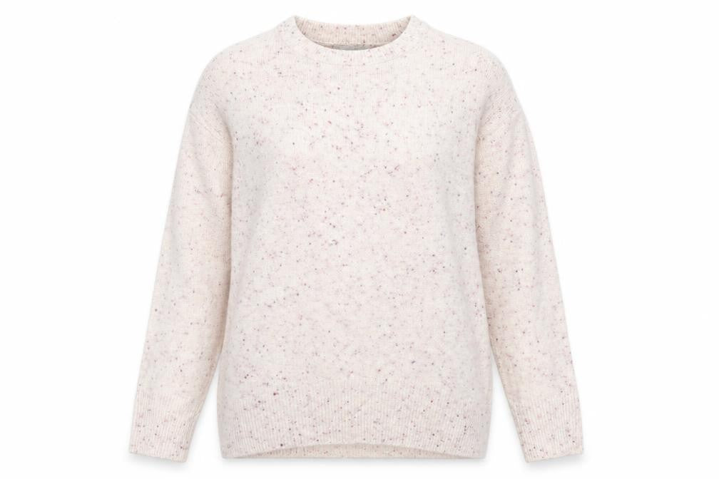 Front view of Nutmeg women’s pink round neck acrylic jumper, size UK 10