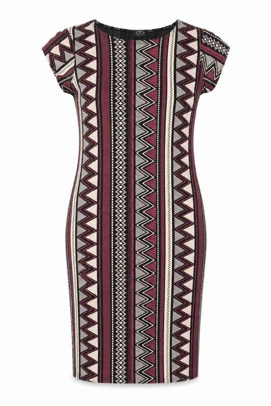 Front view of London women’s multicoloured geometric viscose bodycon, size M, boat neck pullover