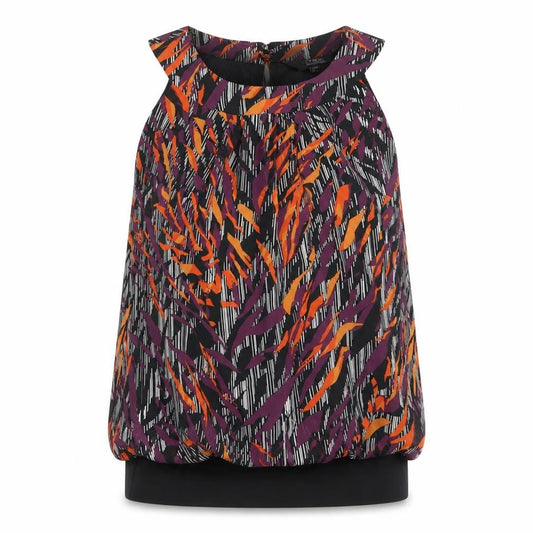 Front view of Julian MacDonald women’s multicoloured geometric polyester basic tank, size UK 12, halter