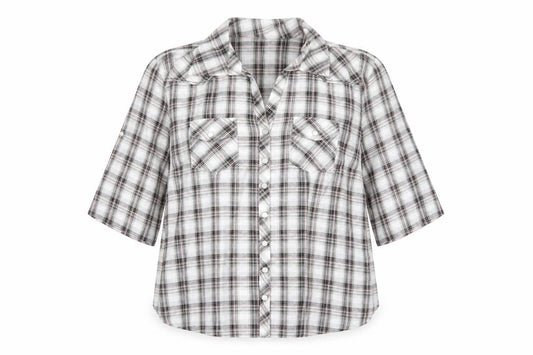 Front view of Mia Moda women’s grey plaid cotton basic button-up, size UK 16, collared
