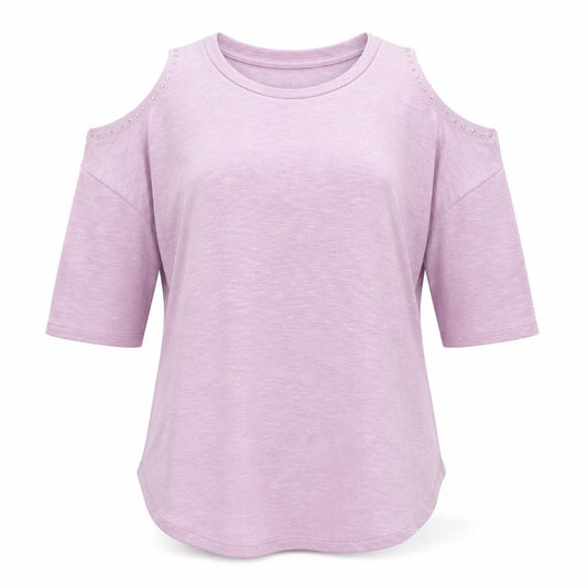 Front view of Papaya women’s purple viscose a-line, size S, crew neck pullover - cold shoulder
