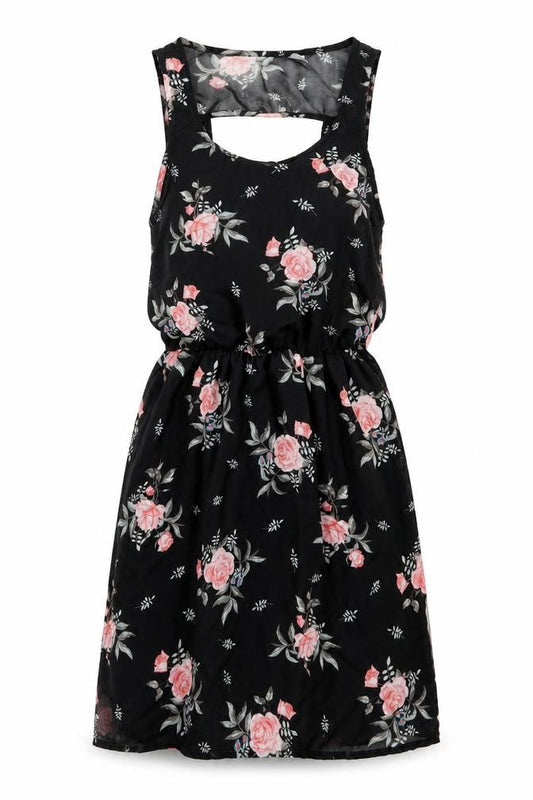 Front view of H&M women’s black floral polyester a-line, size UK 8, scoop neck pullover