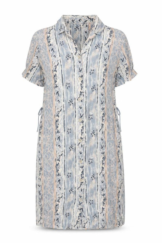 Front view of Marks & Spencer women’s multicoloured geometric viscose shirt dress, size UK 12, collared button