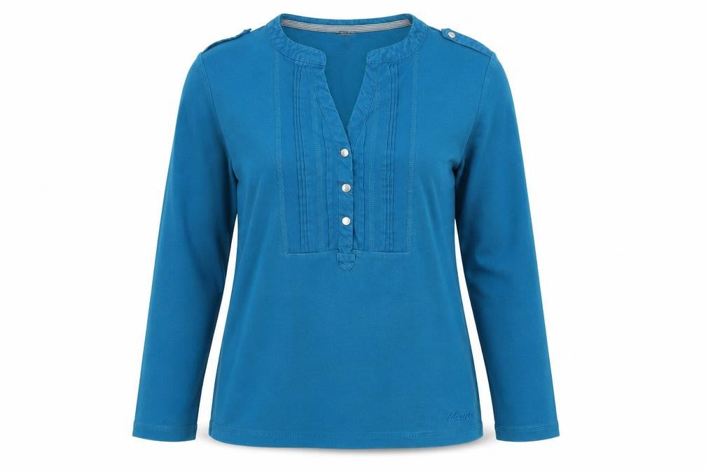 Front view of Debenhams women’s blue cotton pullover sweatshirt, size UK 10, button