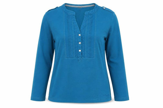 Front view of Debenhams women’s blue cotton pullover sweatshirt, size UK 10, button