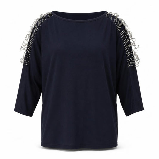 Front view of Phase Eight women’s blue round neck polyester jumper, size S, - beaded sleeve detail