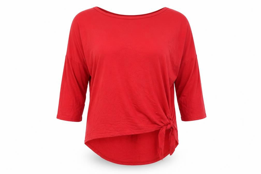 New Look Womens Red Viscose Basic T-Shirt Size 14 Boat Neck - Knot Side Detail