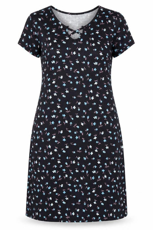 Front view of SHEILAY women’s black floral polyester t-shirt dress, size M, v-neck pullover - lace up detail
