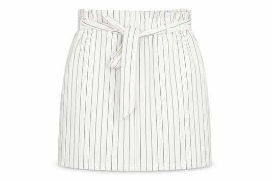 Front view of New Look women’s white striped polyester a-line skirt, size UK 6, drawstring - belted
