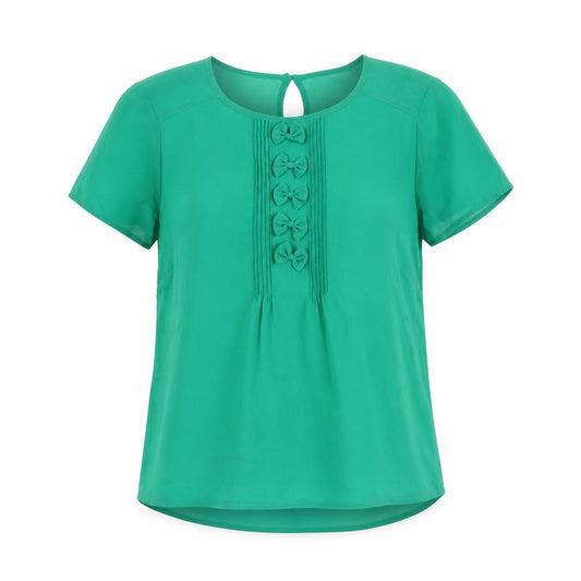 Front view of Monsoon women’s green polyester basic t-shirt, size UK 8, scoop neck