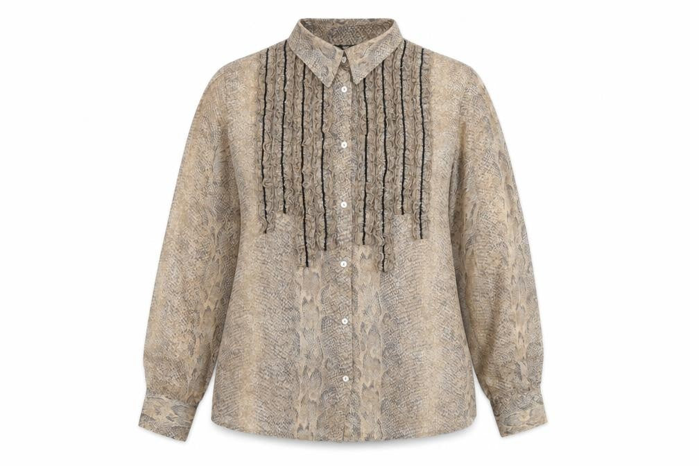 Front view of Lui Lei women’s brown animal print polyester basic button-up, size UK 16, collared - snake skin print