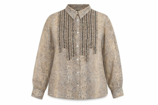 Front view of Lui Lei women’s brown animal print polyester basic button-up, size UK 16, collared - snake skin print