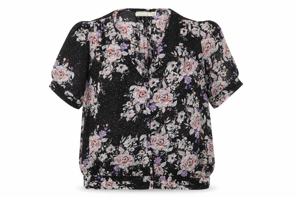 Front view of Pins & Needles women’s black floral polyester basic button-up, size M, scoop neck