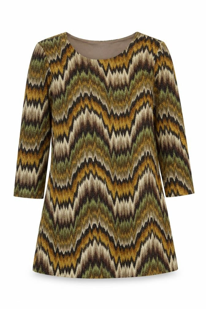 Front view of Traffic People women’s brown geometric polyester a-line, size M, scoop neck pullover