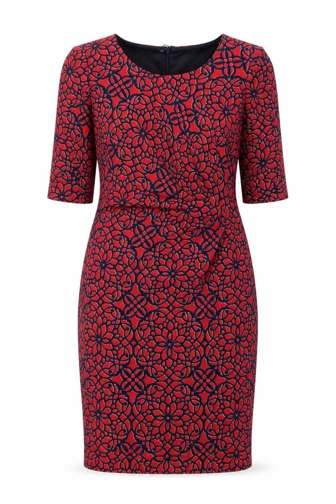 Front view of Next women’s red floral polyester pencil dress, size UK 10, round neck zip