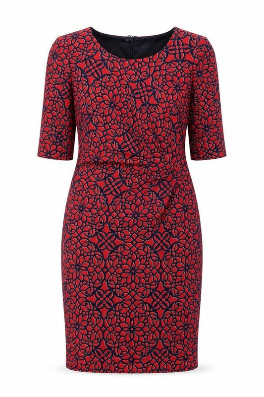 Front view of Next women’s red floral polyester pencil dress, size UK 10, round neck zip