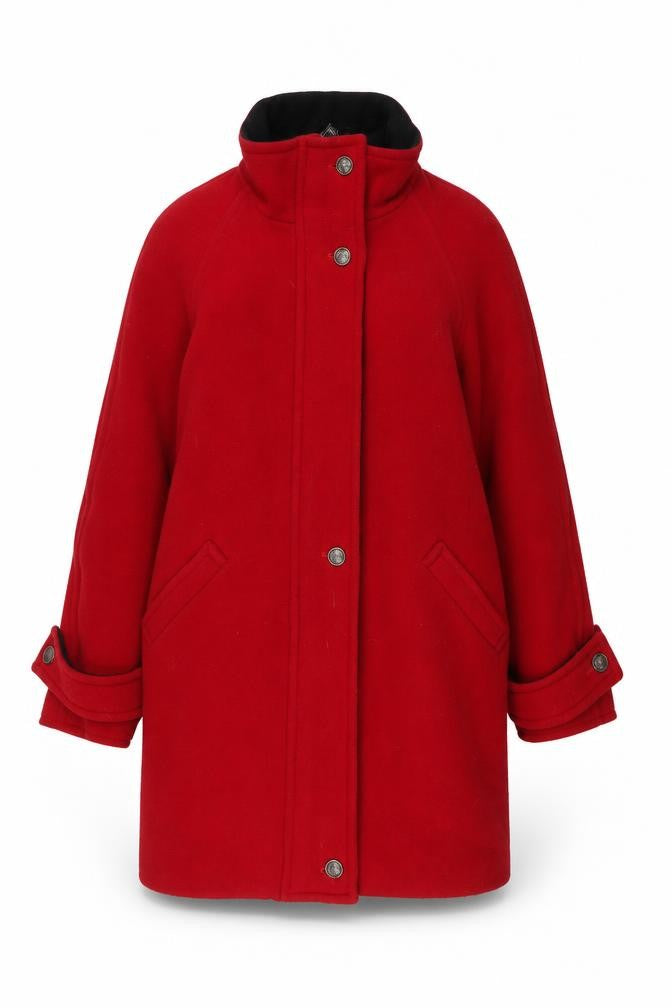 Front view of Peter James women’s purple overcoat coat, size S, zip