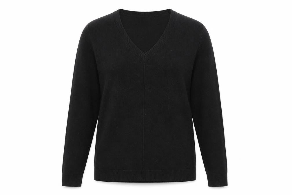 Front view of Atmosphere women’s black v-neck acrylic henley jumper, size UK 8