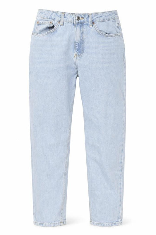 Front view of Topshop women’s blue 100% cotton mom jeans, size M, 32-inch leg regular zip