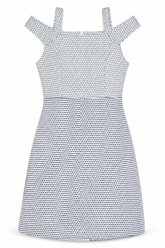 Front view of Real Form London women’s blue geometric polyester a-line, size UK 12, square neck zip - cold shoulder detail