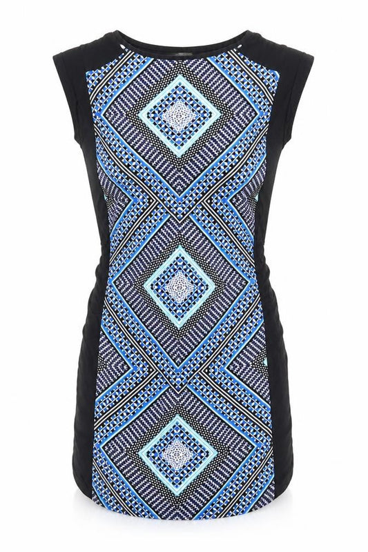 Front view of Oasis women’s blue geometric viscose fit & flare, size XS, round neck pullover - elastic waist