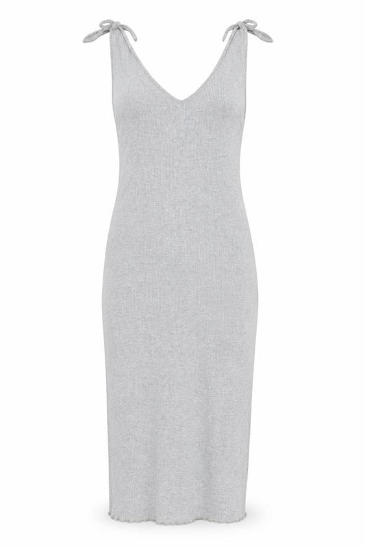 Front view of Topshop women’s grey polyester tank dress, size UK 8, v-neck tie - ribbed