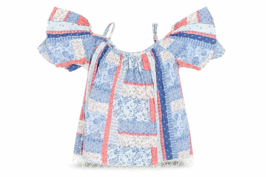 Front view of Dorothy Perkins women’s multicoloured floral viscose basic blouse, square neck - patchwork patter cold shoulder