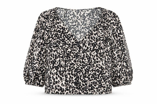 Front view of ASOS women’s multicoloured animal print cotton basic blouse, size UK 14, v-neck - leopard print