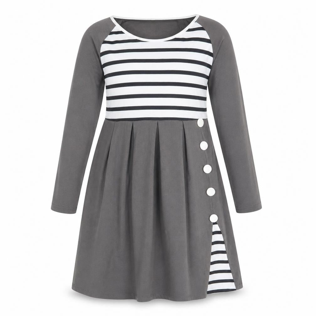 Front view of women’s multicoloured striped polyester a-line, size L, round neck pullover