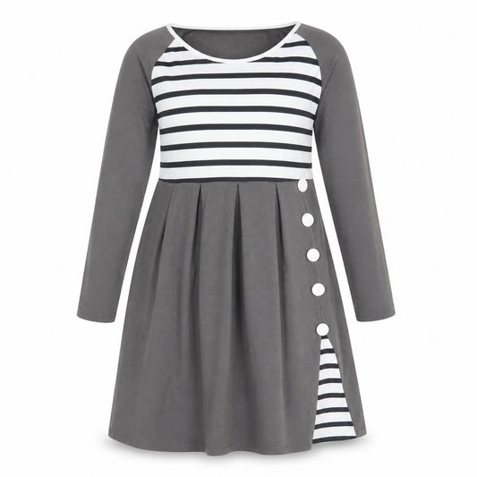Front view of women’s multicoloured striped polyester a-line, size L, round neck pullover