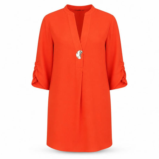 Front view of Zara women’s orange polyester shirt dress, size XS, v-neck button