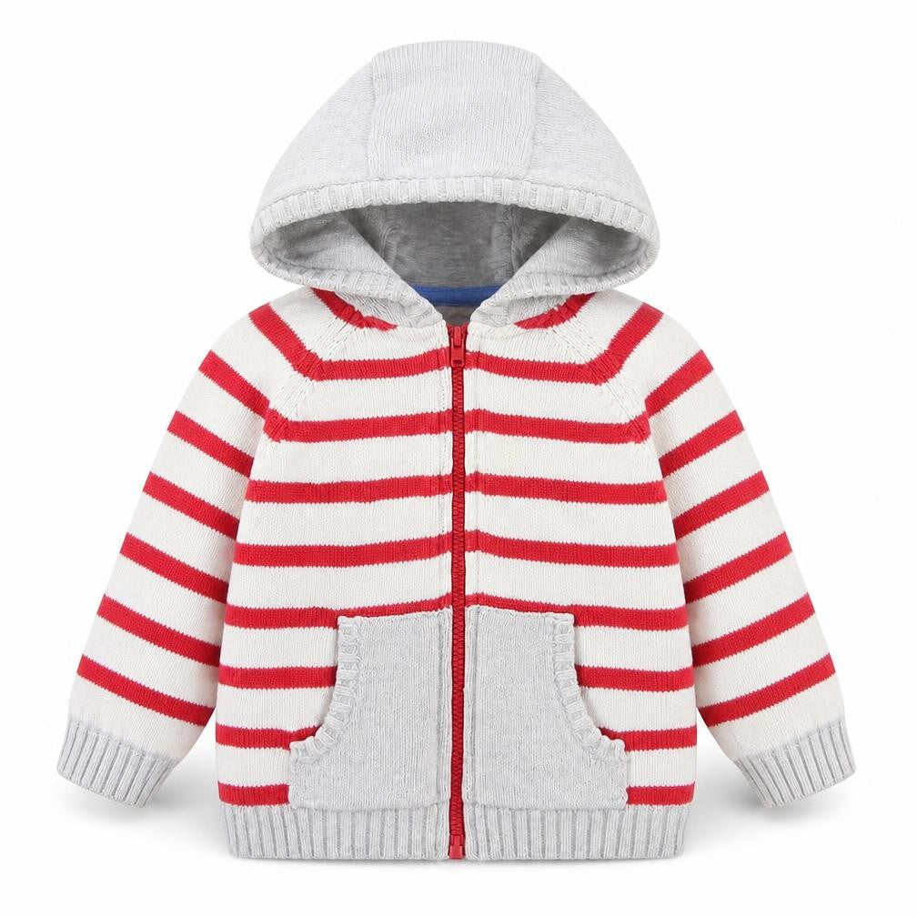 Front view of Tu boys’ red striped jacket, size 6-9, months zip